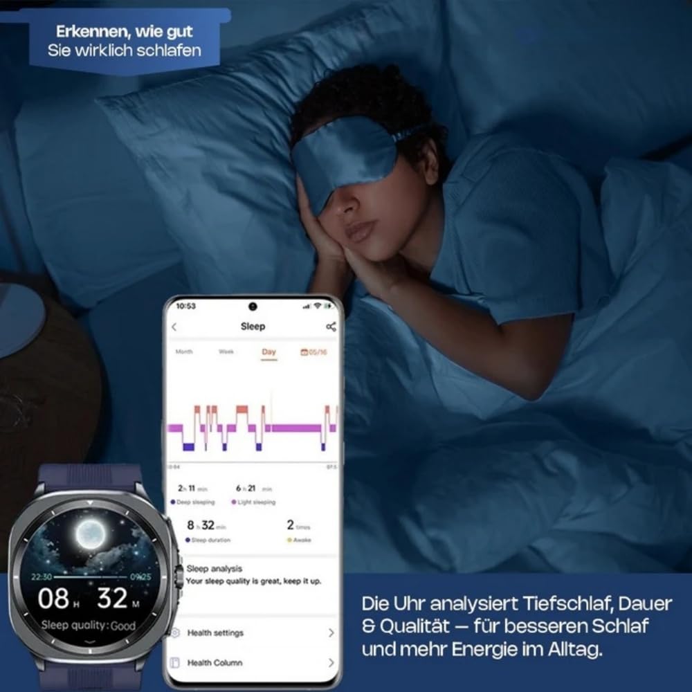 ortholeben OrthoWatch Pro Vita Smartwatch Herren & Frauen 1,43'' -Zoll-Volltouchscreen, 24/7 Schlafüberwachung,Bluetooth-Telefonie,Unterstützt mehrere Sprachen