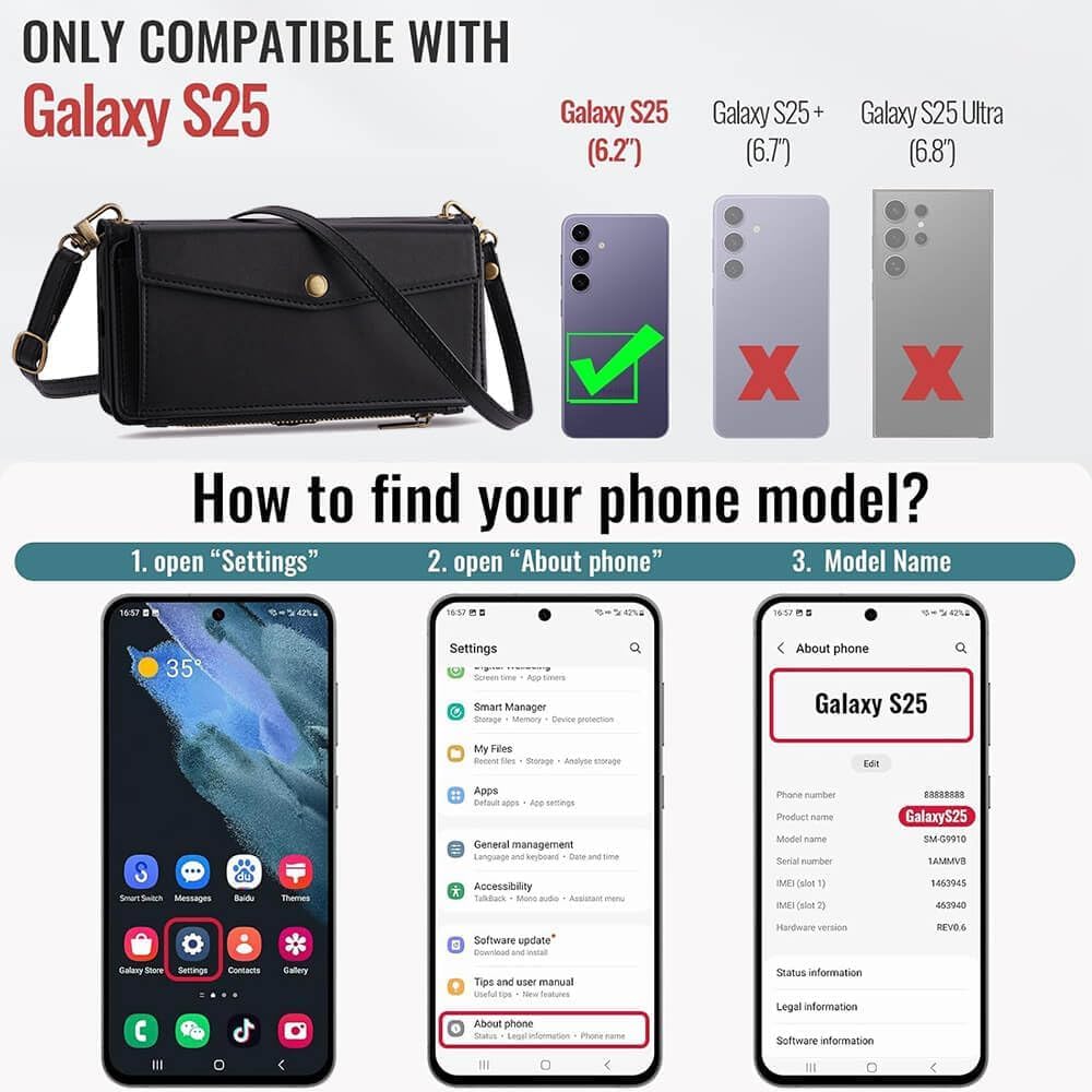 Leedia Crossbody Wallet Case for Galaxy S25 for Women, PU Leather Flip Case with [RFID Blocking] Card Holder, Zipper Handbag Magnetic Snap Wrist Strap for Samsung Galaxy S25 6.2" Black - Image 8