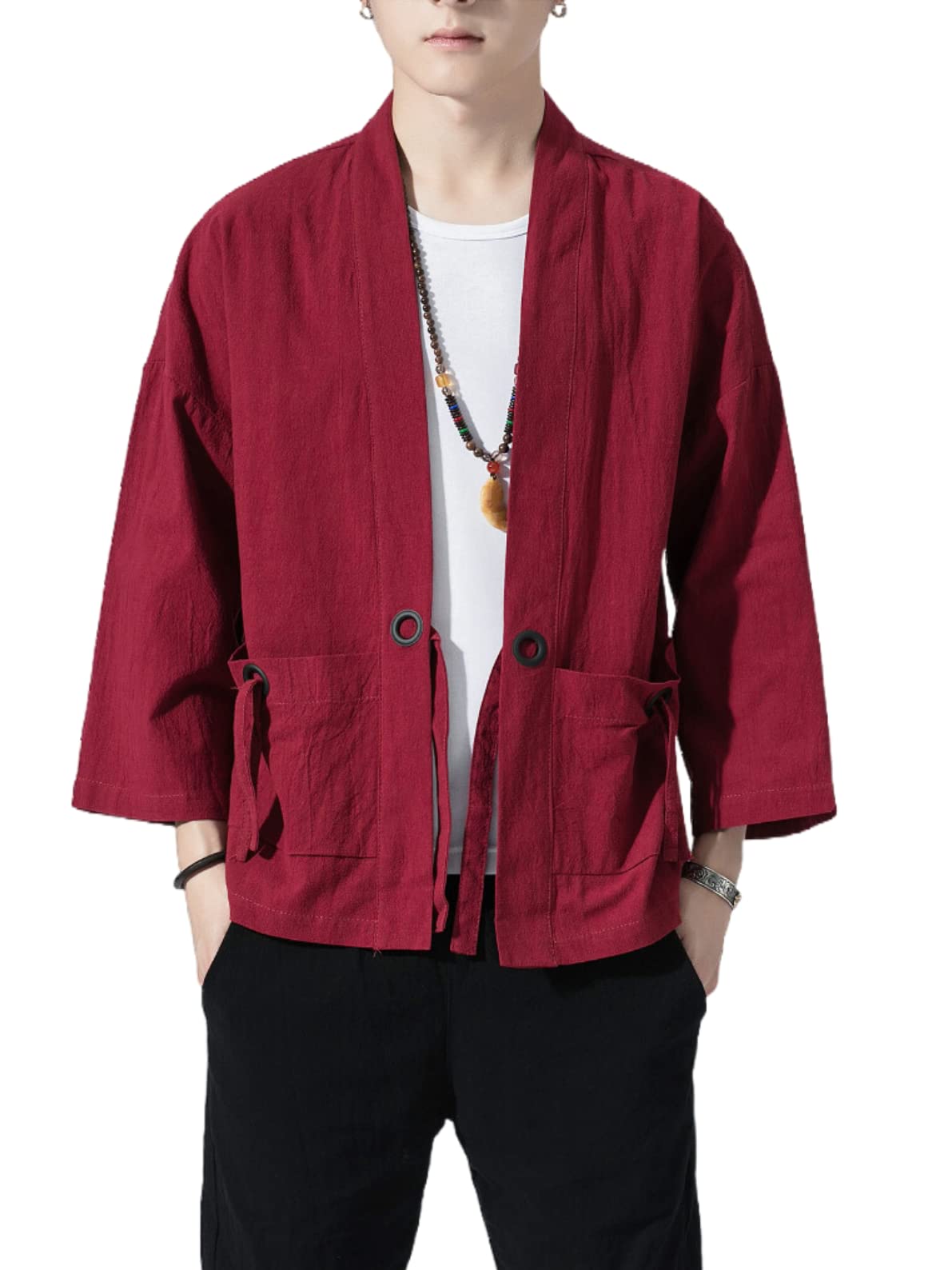 Men's Japanese Kimono Cardigan Loose Cotton Linen 3/4 Sleeve Open Front Casual Summer Shirt Jackets