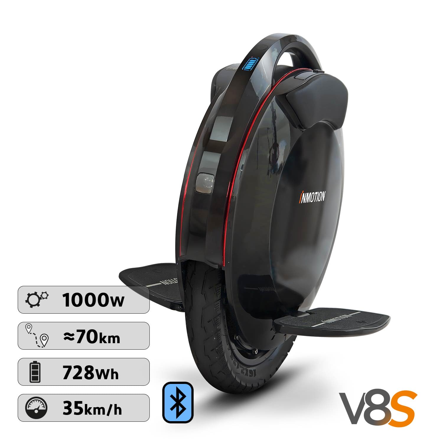 Inmotion Monociclo Electrico V8S, Adulto, Negro, Motor 1000W, Autonomia de hasta 70km, Velocidad Limitada 25km/h, Neumatico Inflable 16''