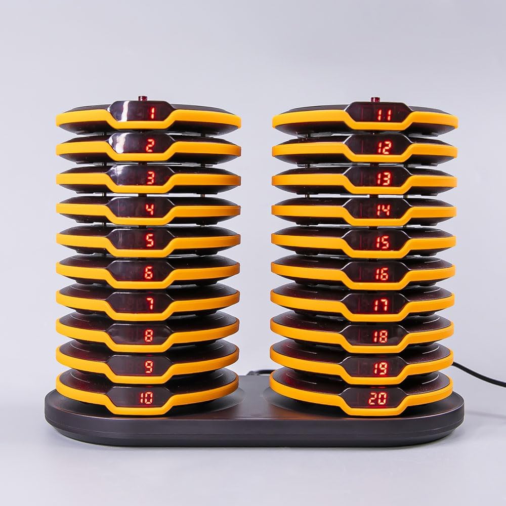 AGJ Restaurant Pager System Breakproof 20 Coaster Pagers Brown Wireless Beeper Buzzer System Touch Keyboard Queue Pagers for Food Truck Church Nursery Clinic Coffee Shop