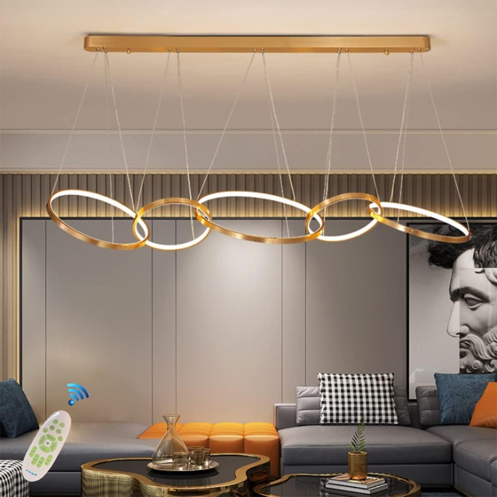 Lampada a sospensione Lampada a sospensione a LED Lampadario moderno per tavolo da pranzo Lampadario regolabile in altezza Lampada da soggiorno Dimmerabile con telecomando Anelli in alluminio Lampada