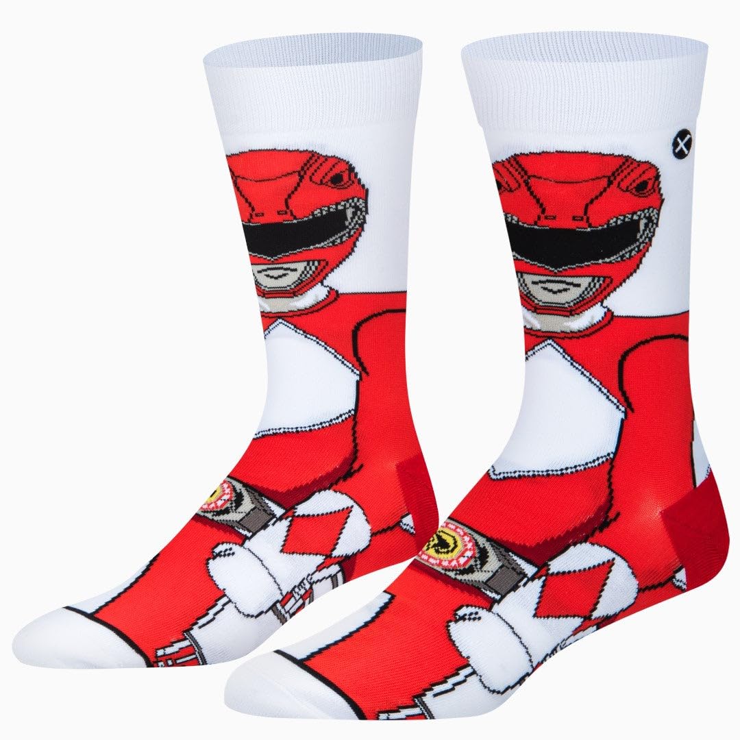 ODD SOX Funny Crew Socks, Mighty Morphin Power Power Rangers, Adult Large 8-12, Red Ranger 360, Large