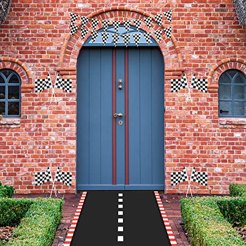 Racing Car Party Decorations Supplies 6.6 X 2 Ft Long Racetrack Floor Running Mat, 6.6 Feet Checkered Racing Pennant Banner, 10 Pcs Checked Race Flags With Stick For Birthday Race Car Party Decors #TOP6