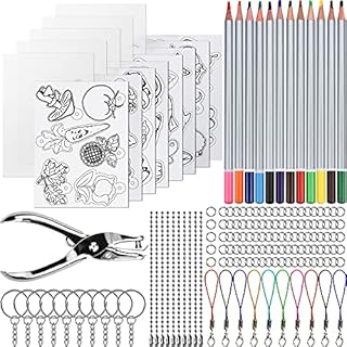 Wandefol 156pcs Heat Shrink Plastic Sheet Kit, Shrinky Art Paper for DIY Craft, 5 pcs Blank Shrink Paper, 8 pcs Shrink Paper with Pattern, 12 Color Pencil, Hole Punch, 130 pcs Keychains Accessories
