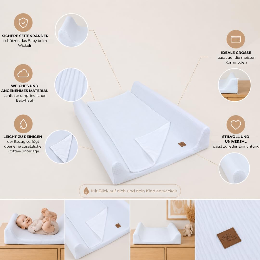 Wiklinopol - Fasciatoio da 50 x 70 cm, set 3 in 1 con rivestimento rimovibile in peluche (bianco), fasciatoio lavabile con bordo + fasciatoio in spugna impermeabile, per viaggiare