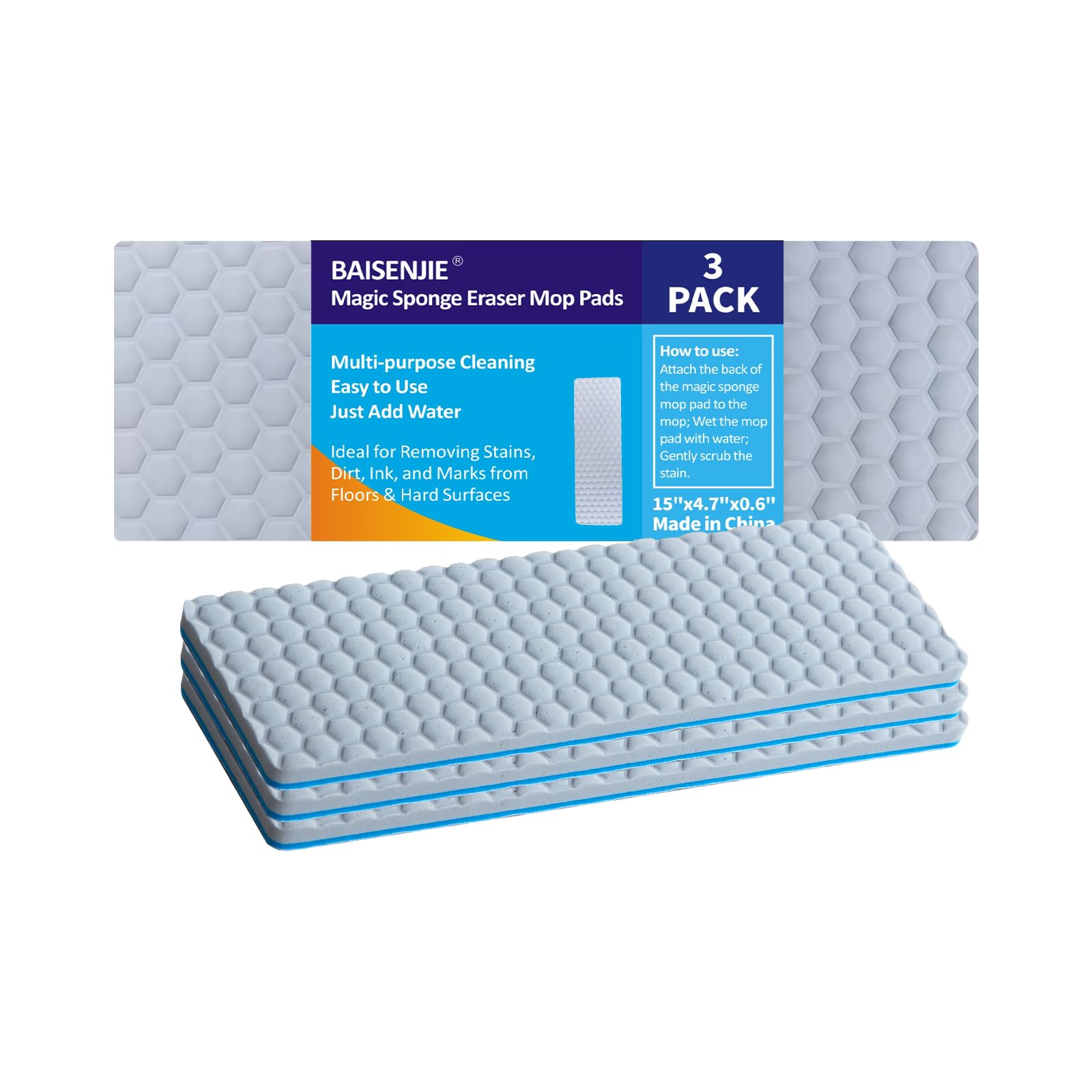 Magic Sponge Eraser Mop Pad, Melamine Sponge Cleaning Pads Refills Suitable for 15" Flat Mop Head,for Home Kitchen Bathroom Swimming Pool Boat