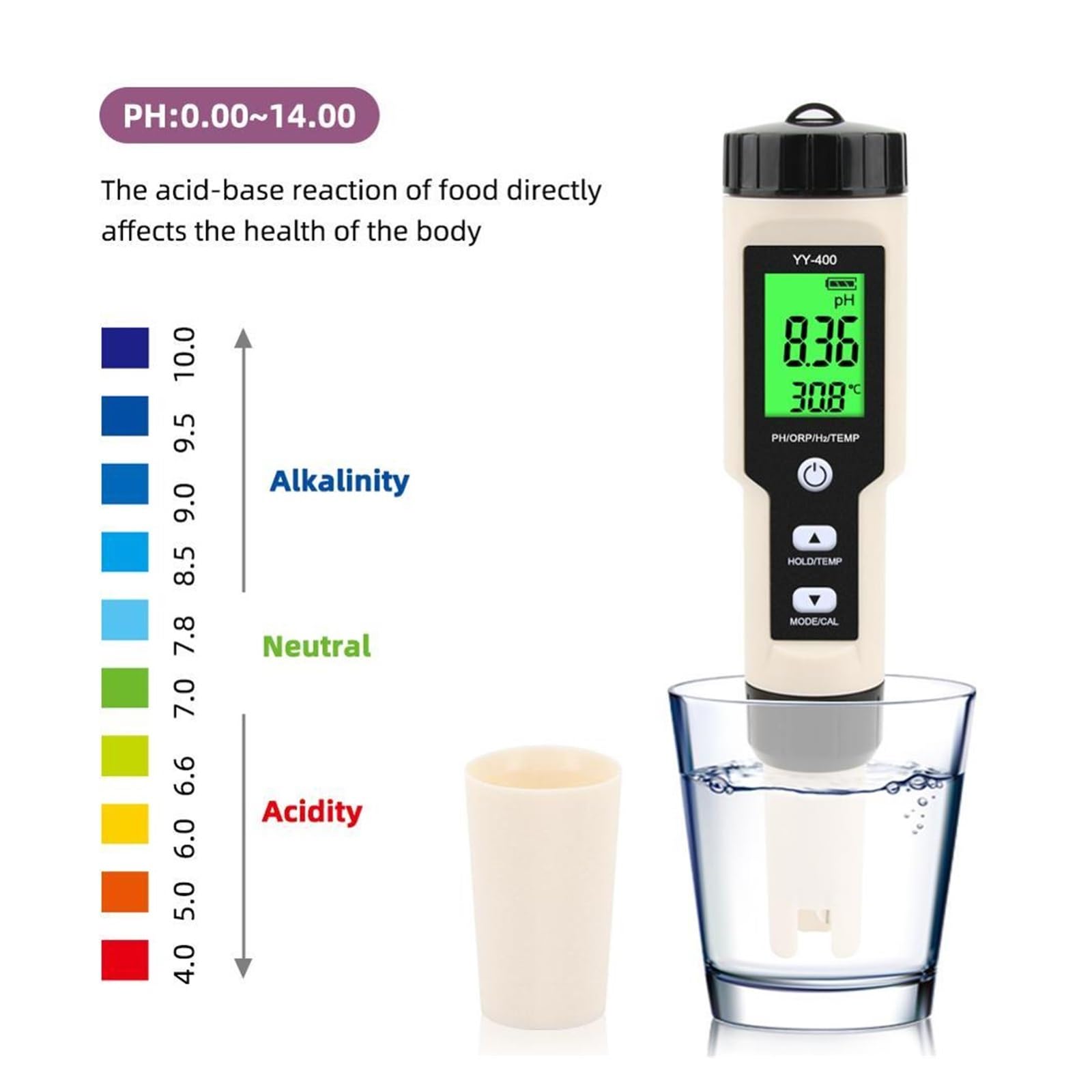 Medidor Agua 4 En 1 H2/PH/ORP/Temp Meter Digital Water Quality Monitor Tester For Piscinas Agua Potable, Acuarios Multiusos Preciso Fácil(YY-400N)