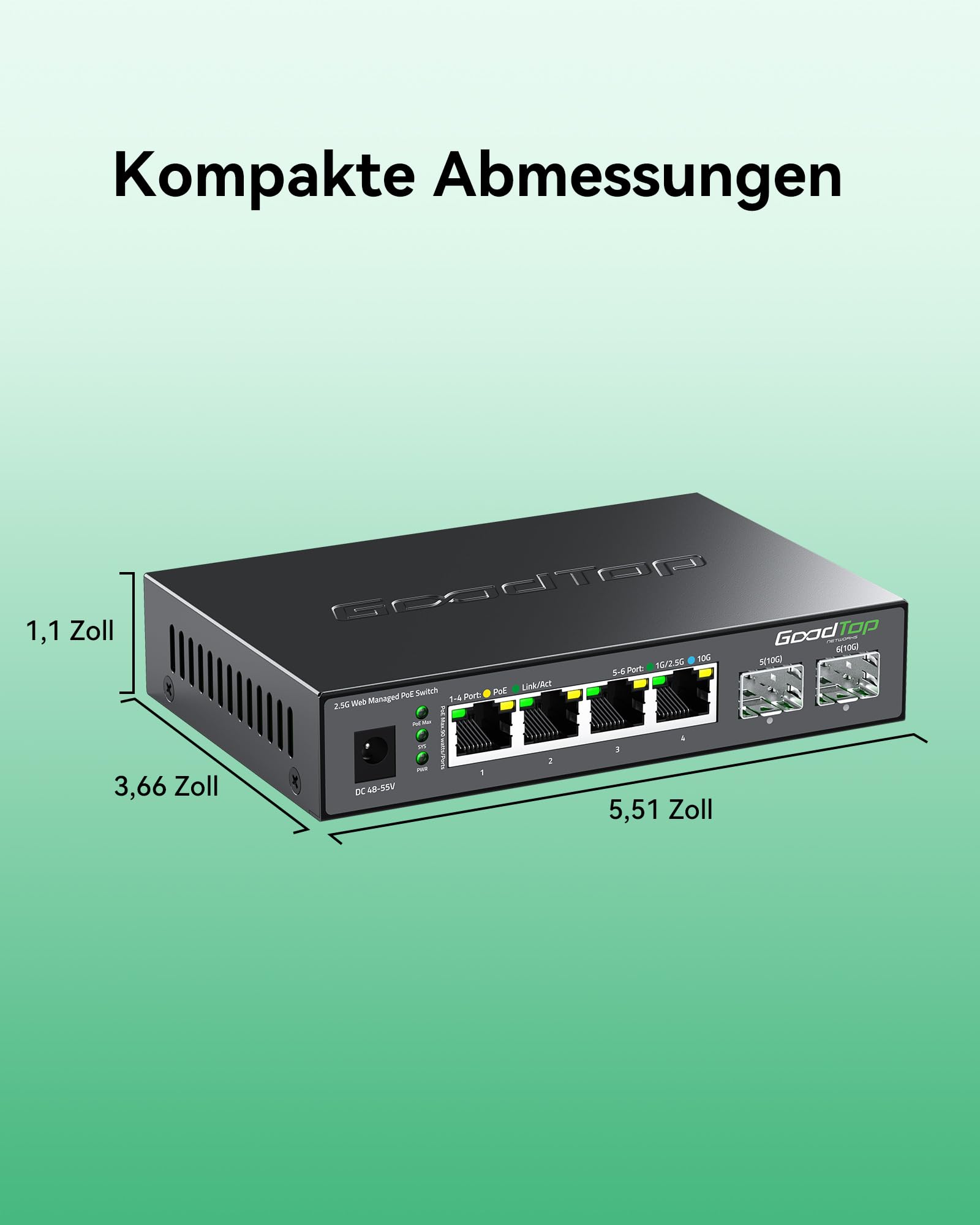2.5 Gbit Managed PoE++ Switch 6-Port: 4 x 90W PoE 2 x 10G SFP+, 105W Budget | IEEE 802.3bt | 4x 2,5G PoE++ & 2x 10G SFP+ | VLAN/LAG/QoS/DHCP | Lüfterlos | Metallgehäuse | Für Wi-Fi 7 APs, Kamera