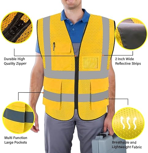 Miniatura 3 de FEimaX Chaleco de seguridad de alta visibilidad, chaleco de trabajo reflectante de malla para hombres y mujeres con bolsillos y cremallera, cumple