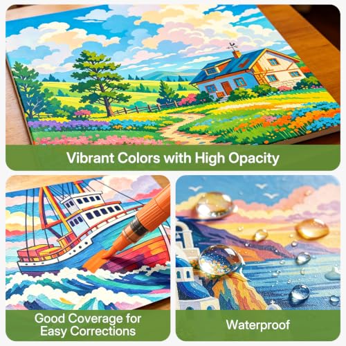 Image of WUO 48 Colors Acrylic Paint Markers Brush Tip with Automatic Ink Control | Water-based, no-bleed, waterproof acrylic paint pens for rock, wood, canvas, glass, ceramic, fabric and DIY crafts