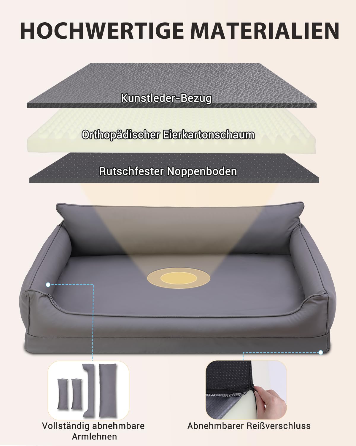 Ortopédica Cama Perro Medianos, Sofá Perro de Cuero Sintético Impermeable–91x68 cm, Espuma de Huevo, Cama para Perros Desenfundable y Lavable, Colchon Perro Antideslizante, Gris
