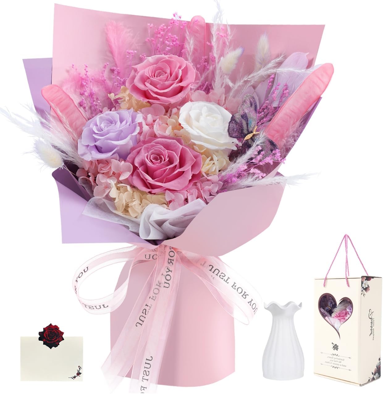 Preserved Flowers for Delivery Prime Pink Flowers Bouquet Lasting 1-3 Years, Birthday Gifts for Women Mom Grandma Wife Friend, Eternal Forever Real Roses for Birthday Mother’s Day Anniversary