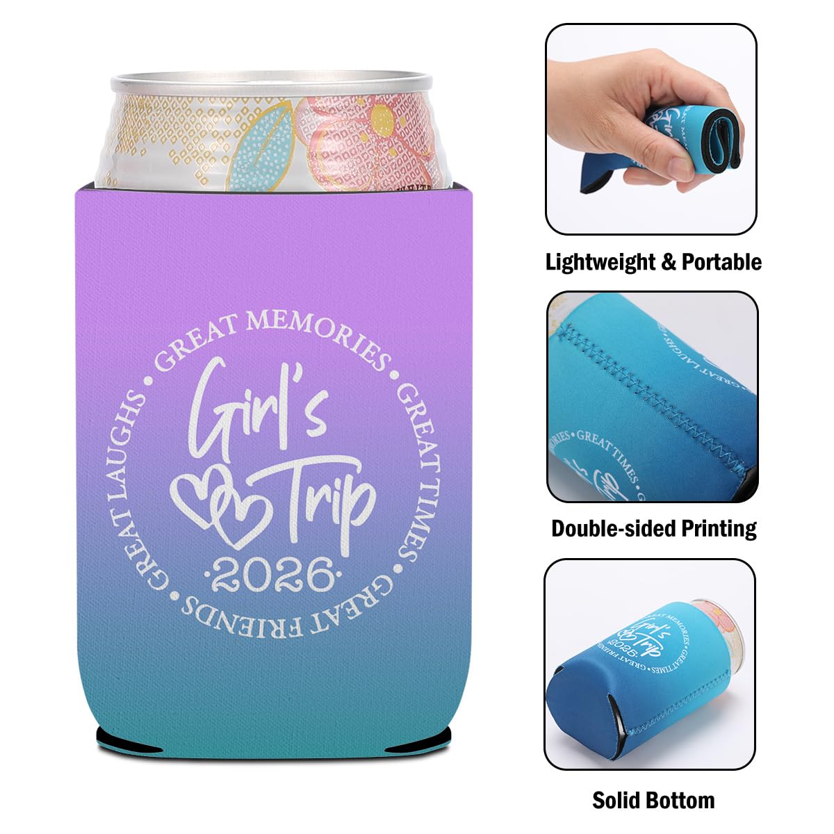 4 Pcs Girl Trip 2026 Can Cooler, Girls Trip Gifts Favors, Cup Sleeves for Cold Drinks Beer, Girls Weekend Gifts, Insulated Can Sleeve for Vacation Camping Party, Drink Cooler for Women Friend
