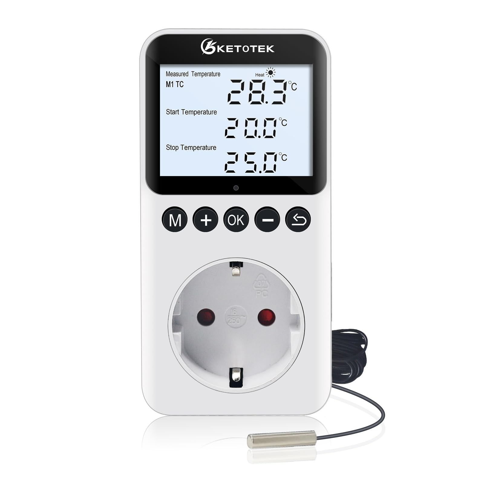 KETOTEK Prise Thermostat Jour/Nuit avec Rétro-éclairage, Régulateur de Température Numérique 220V avec Minuterie, Sonde de 3 Mètres, pour Reptile Terrarium Incubateur