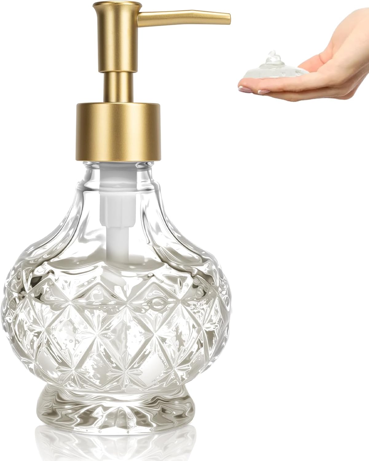 Glass Soap Dispenser, Clear Crystal Design Vintage Refillable 8.5oz Reusable Soap Dispenser with Rust-Proof Pump, Bathroom, Kitchen