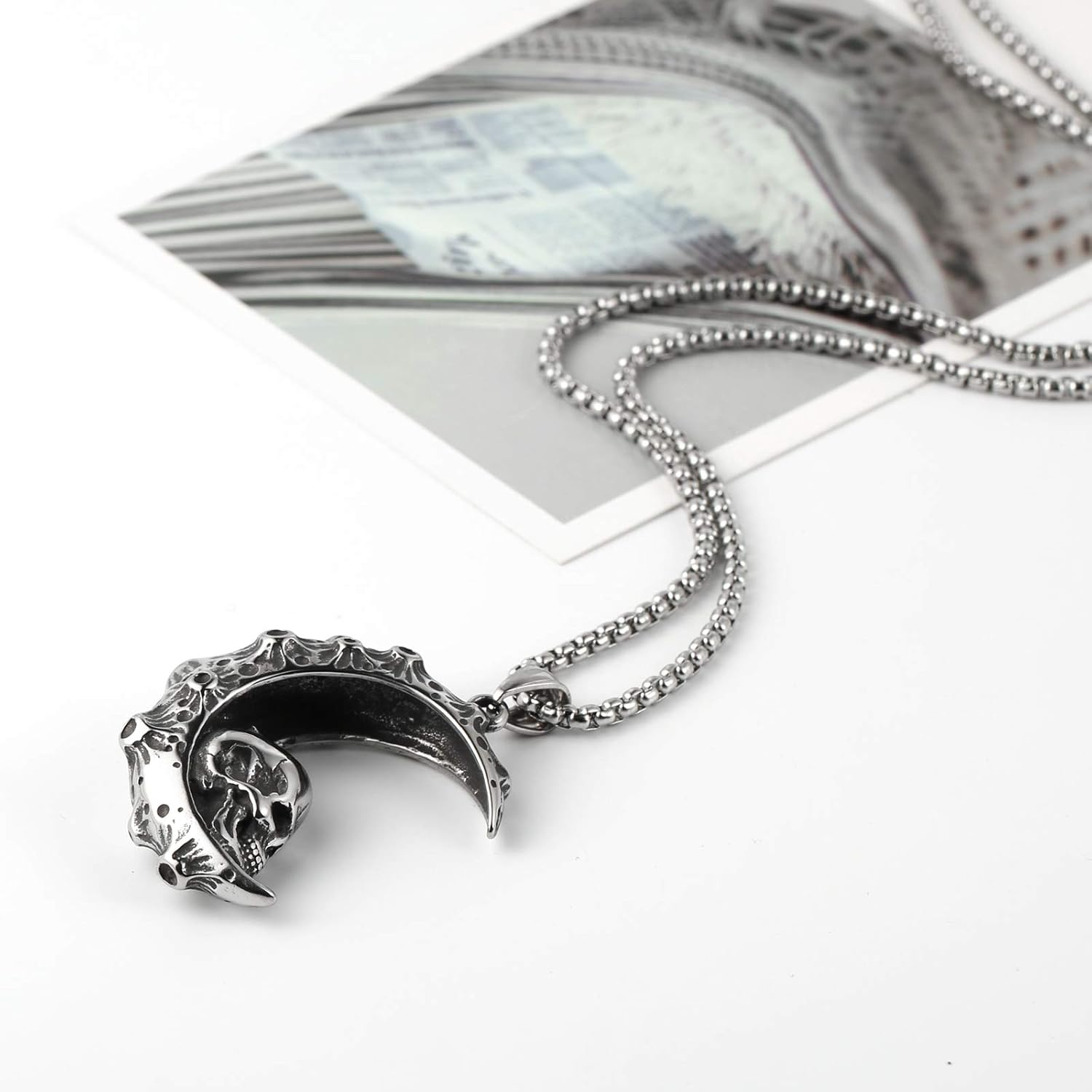 HZMAN Mens Women Gothic Retro Moon Crescent Skull Stainless Steel Pendant Necklace 22+2 Inch Chain - Image 5