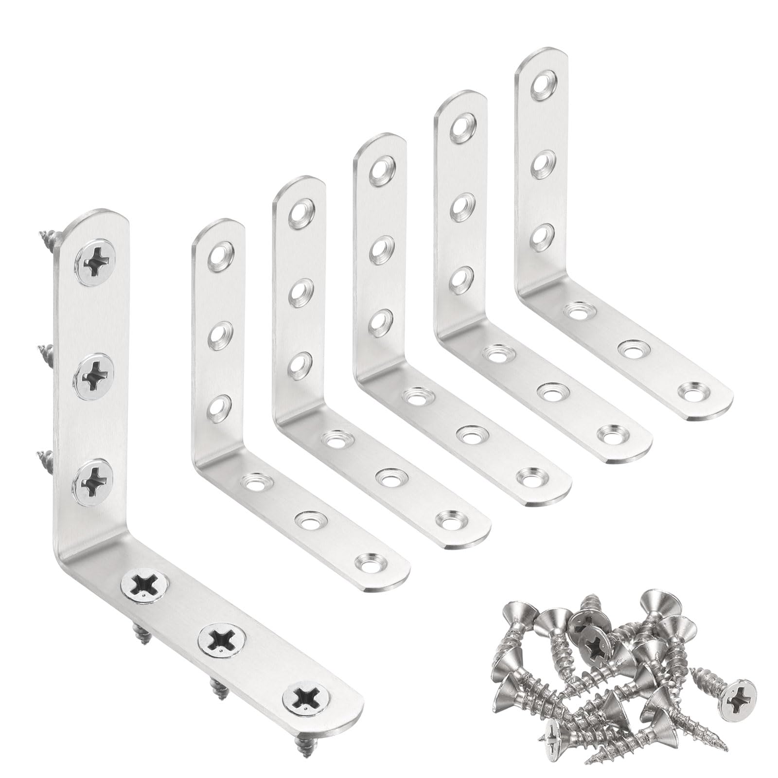 sourcing map 6pcs L-Shaped Corner Bracket 3.3" x 3.3" x 0.8" Stainless Steel 90 Degree Angle Brace Joint Right Corner Fastener with 36 Screws for Shelves Cabinet Chair Drawer, Silver