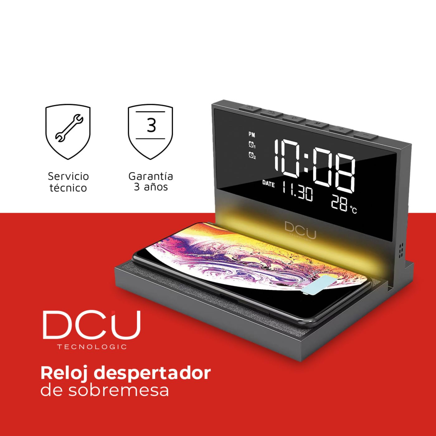 DCU TECNOLOGIC - Reloj Despertador de Sobremesa - Carga Rápida Inalámbrica - Luz Nocturna Ajustable - 2 Alarmas Personalizables