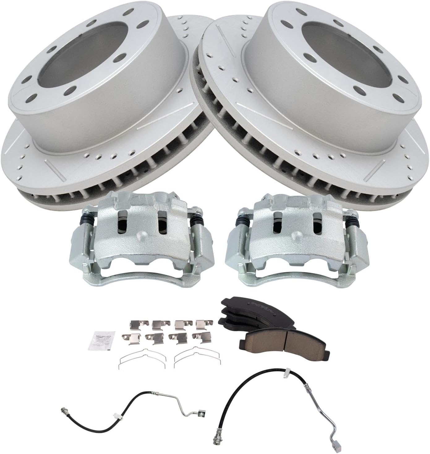 TRQ Front Brake Pad & Rotor Kit Slotted X Drilled Performance Ceramic Compatible with 2000-2004 Ford F-250 Super Duty F-350 Super Duty