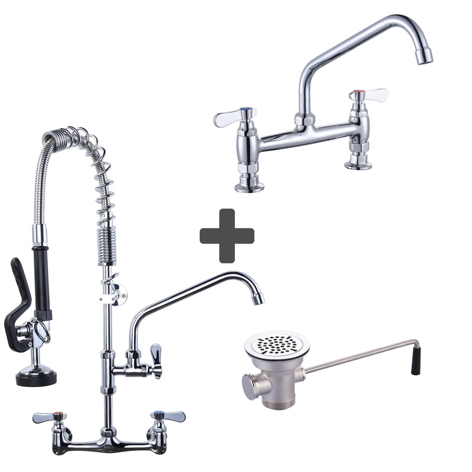 Sxithgkdw Commercial Sink Faucet With 10” Swivel Spout & Supply Lines & Commercial Kitchen Faucet Wall Mount With Pre-Rinse Sprayer & Commercial Sink Drain: 3-1/2" Sink Opening Waste Drain Valve