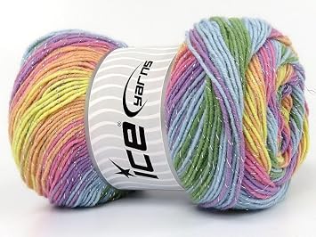 Ice Yarns Pastel Rainbow with Silver Magic Glitz, Metallic Accent Yarn, Self-Striping Acrylic 100 gram 3.53 Ounces 360 Meters 393 Yards