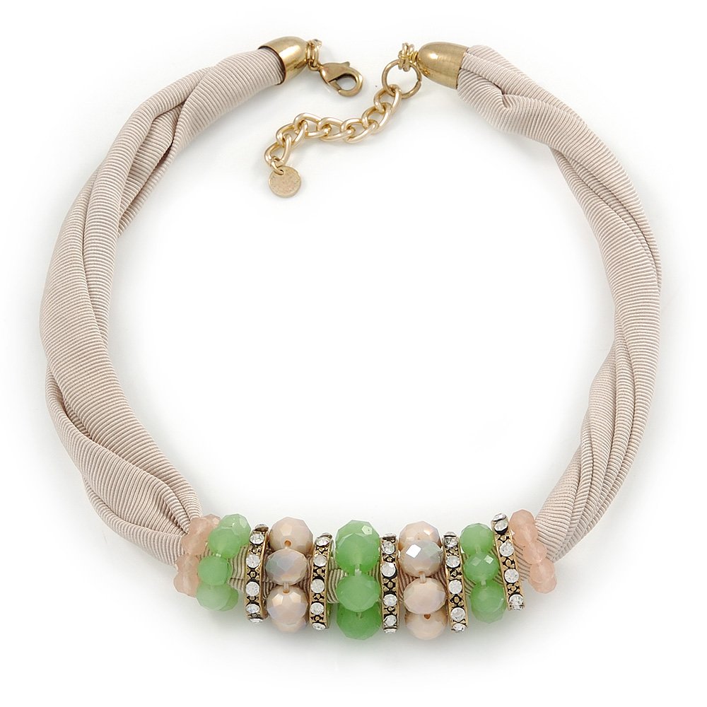 Beige Fabric Wire Choker Necklace With Light Green Cream Bead