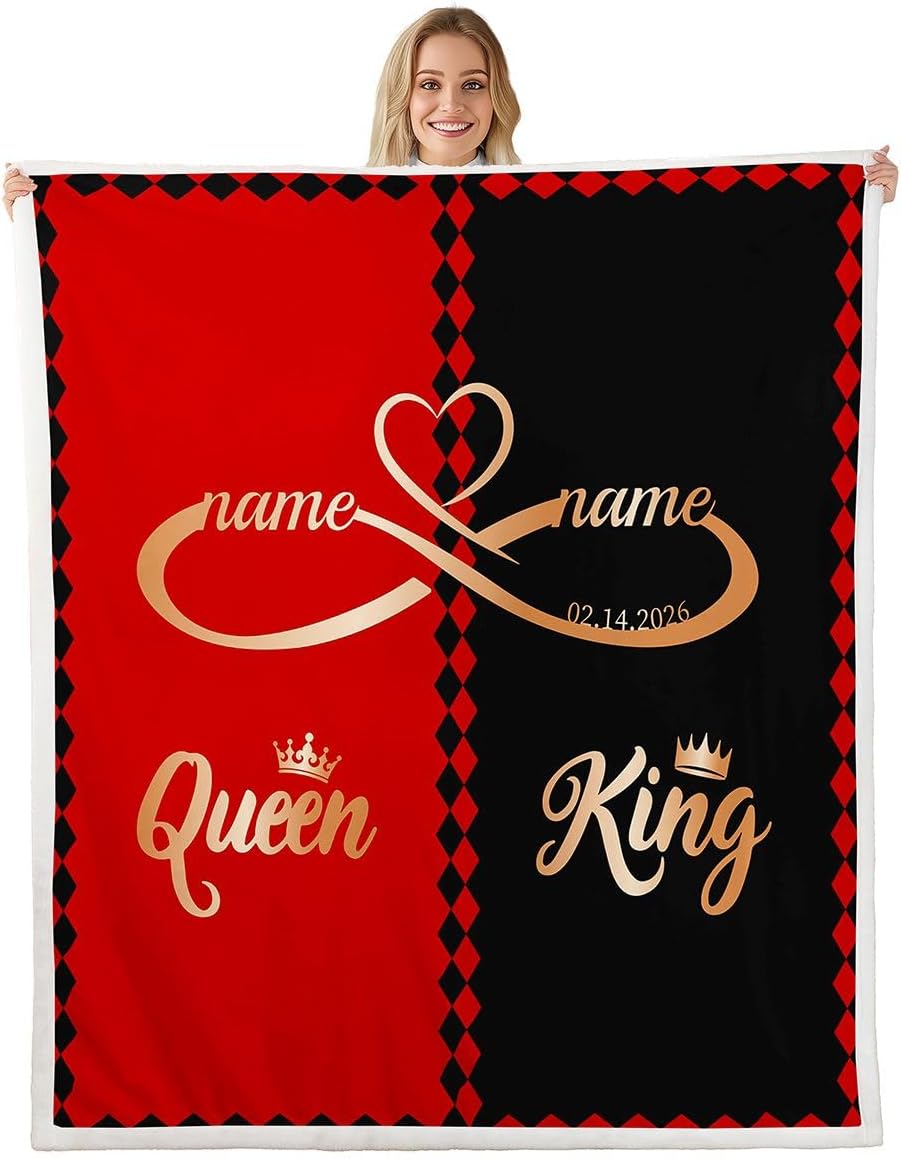 Erosebridal Valentine's Day Custom Fleece Blanket Twin 60x80 King and Queen Personalized Sherpa Blanket for Sofa Couch Romantic Red and Black Fuzzy Plush Throw Soft His Hers Couple Love Heart Pattern