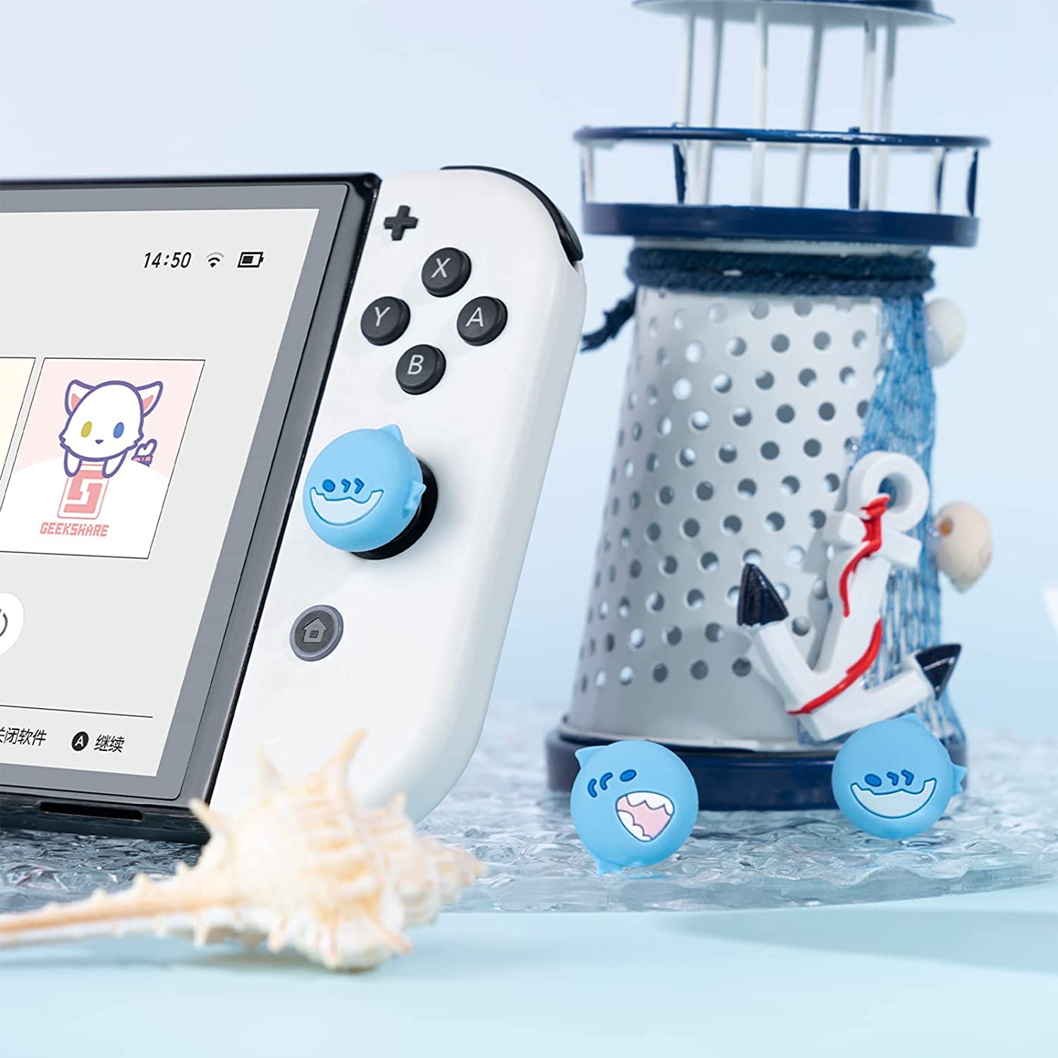 GeekShare Lindas Tapas de Silicona para Agarre del Pulgar Joycon, Cubierta de Joystick Compatible con Switch/OLED/Switch Lite, 4 Piezas - Baby Shark