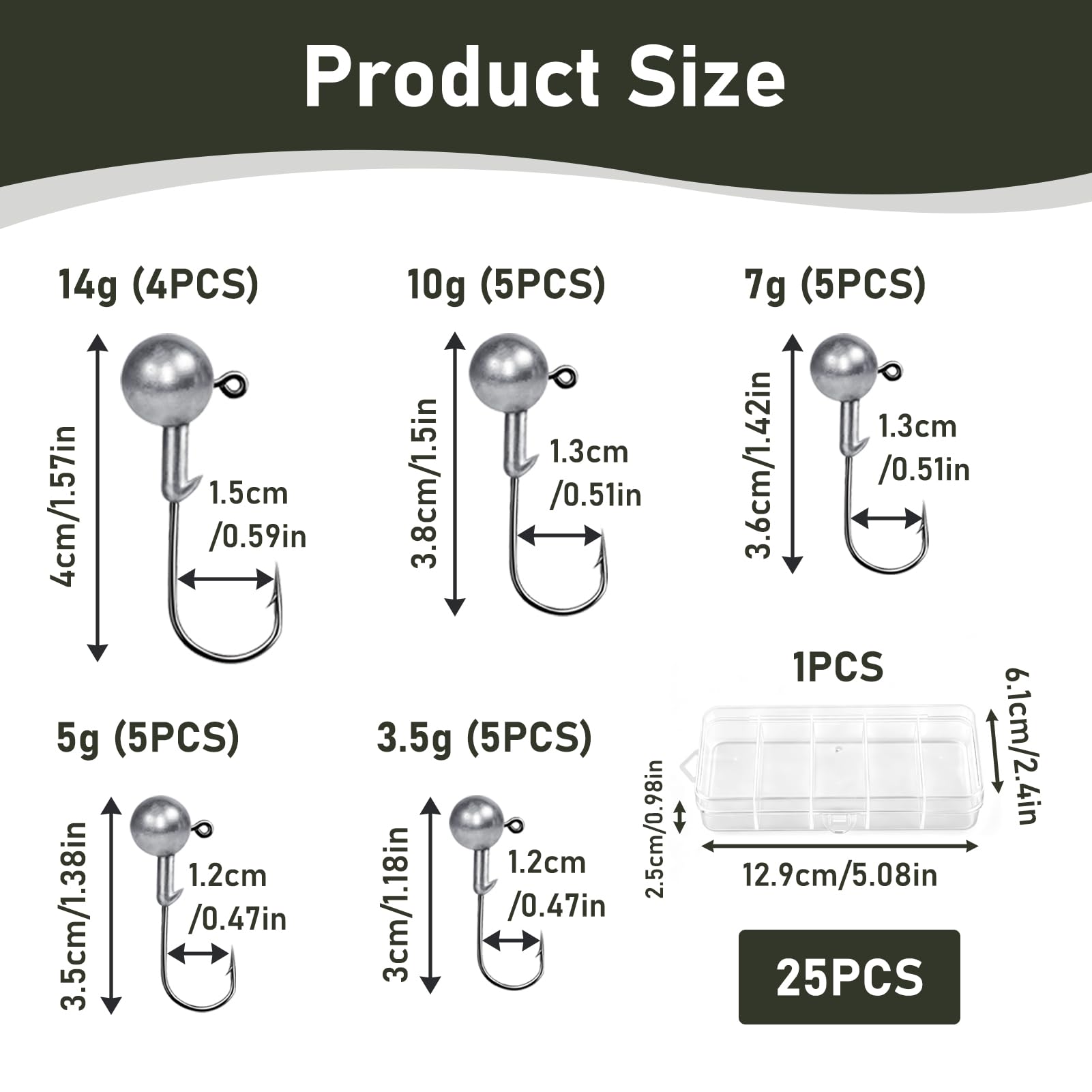 24 Piezas Cabezas Plomadas Pesca, Kit Jig Head 3,5g 5g 7g 10g 14g, Anzuelos Púas Alta Resistencia en Acero al Carbono, Anzuelo para Cebo Suave con Caja Almacenamiento para Pesca en Agua Dulce Salada