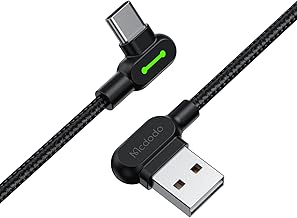 Mcdodo CA-5280 USB Type-C Cable, 1.6 ft (0.5 m), Double Ended L-Shaped Design, USB-C Cable, 3A Rapid Charging, QC4.0/3.0/2.0 Compatible, High Speed Data Transfer, USB to A Terminal, Double-Sided Insert, LED Display Light, Heavy Duty Nylon Braiding, Type C