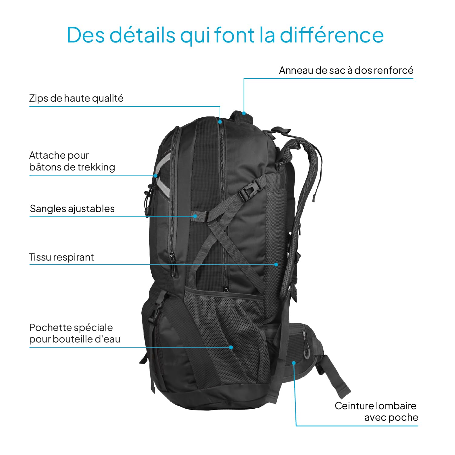 OcioDual Sac à Dos Randonnée 60L Noir, Sac de Voyage Cabine Pliable Imperméable Léger Trekking