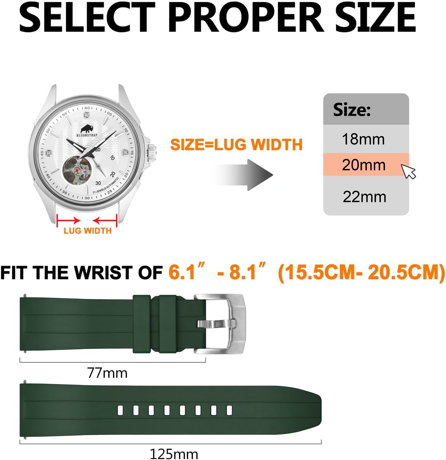 BISONSTRAP Classic Watch Bands 20mm 22mm 24mm, Fluororubber (FKM) Rubber, Watch Replacement Straps for Men and Women, Heavy Duty Clasp