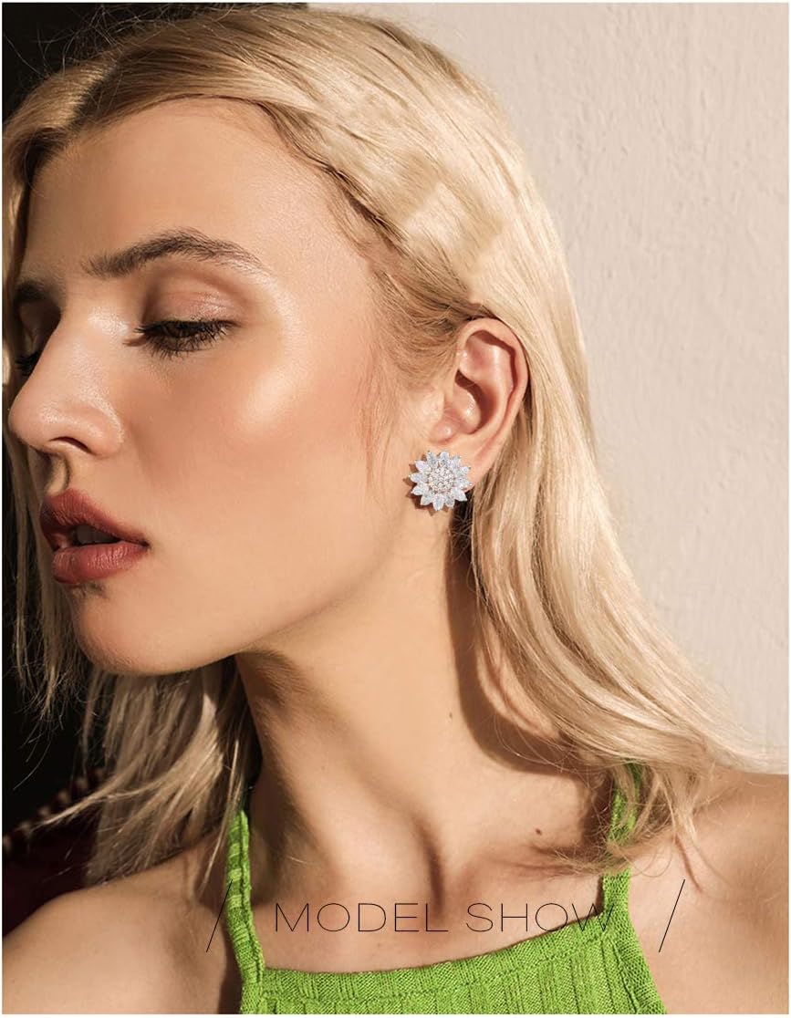 Crystal Flower Burst Stud Earirings - Big Sterling Silver CZ Cubic Zirconia Rhinestone Daisy Sunflower Floral Cluster Studs Bridal Wedding Party Prom Costume Jewelry for Bride Bridesmaids Women Birthstone Birthday Gift - Image 2