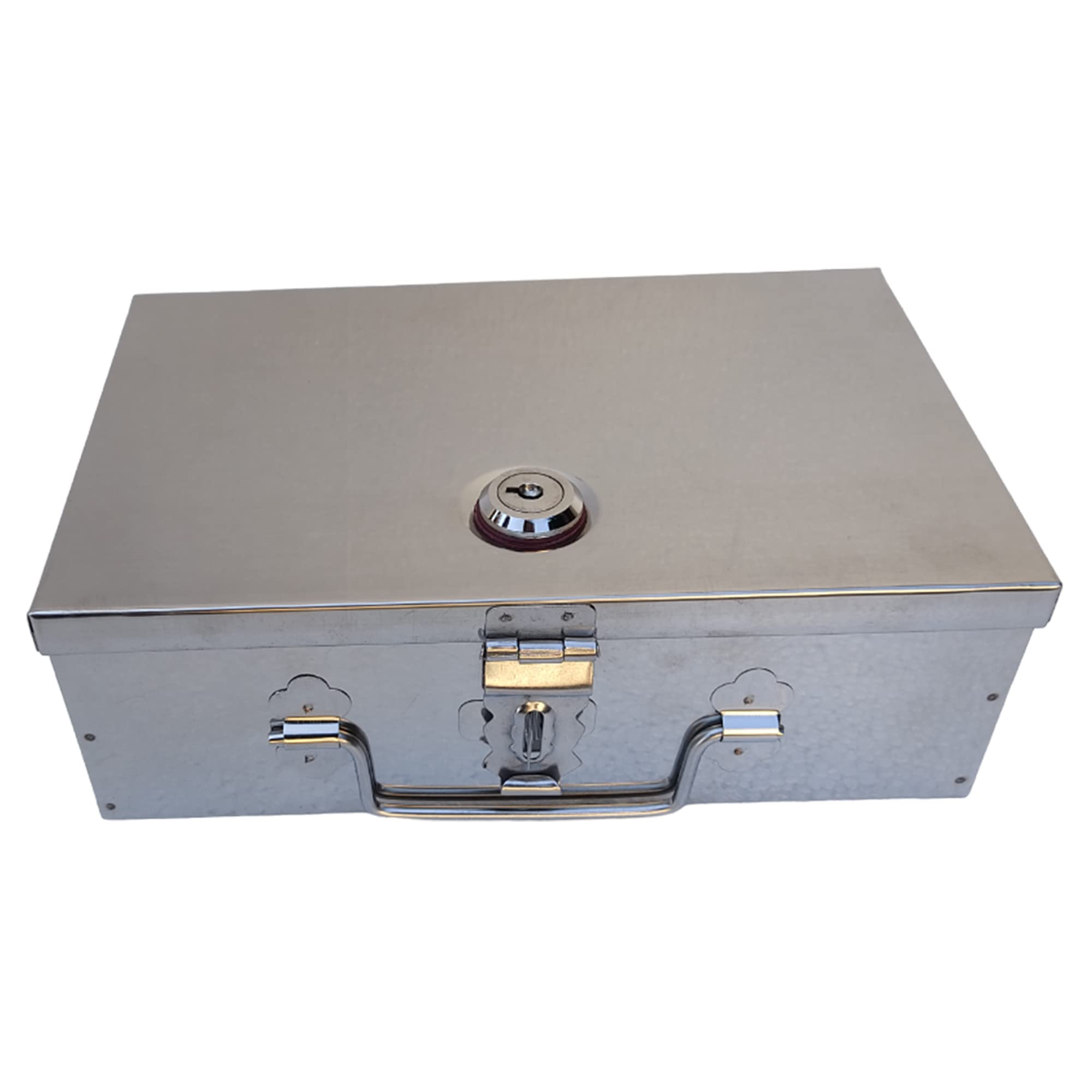 Stainless Steel Cash/Jewellery/Coin Storage Rectangular Silver Boxes with Pre-Fitted Lock (10" X 7" X 3")(With Pre fited One Lock & 2 Key) (Standard Poja 10)