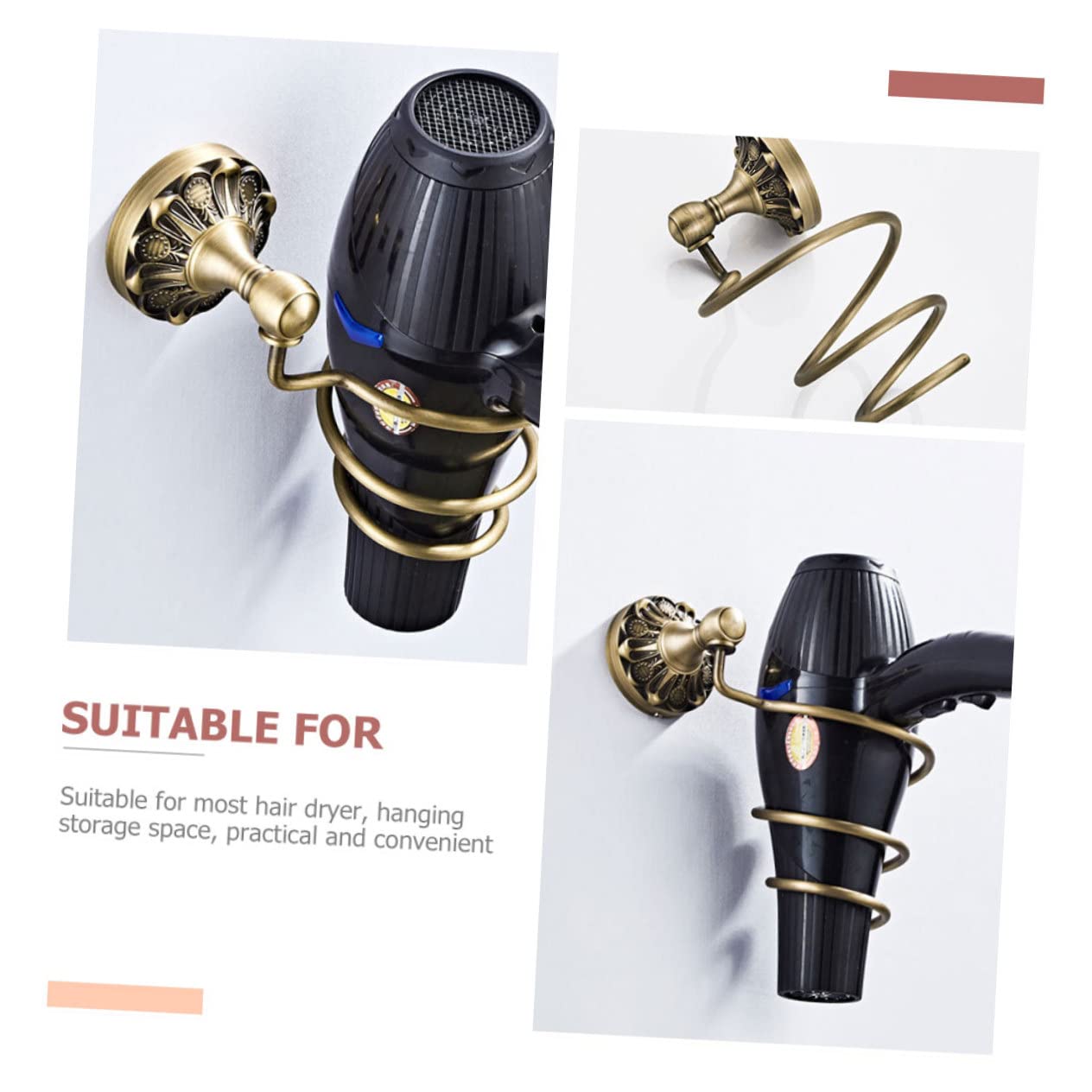 Soporte para Secador de Pelo de Pared, Cobre Dorado, Diseño Espiral, Almacenamiento Colgante, Adecuado para Baño
