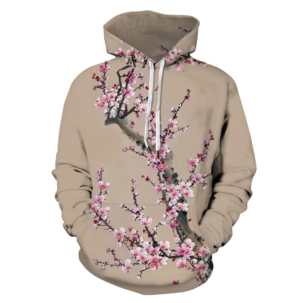Męska bluza z kapturem z nadrukiem kwiatu śliwy krajobraz luźny krój casualowa bluza