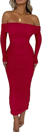 PRETTYGARDEN Women's Fall Off The Shoulder Maxi Dress Spring Long Sleeve Ruched Fitted Bodycon Club Dresses with Slit