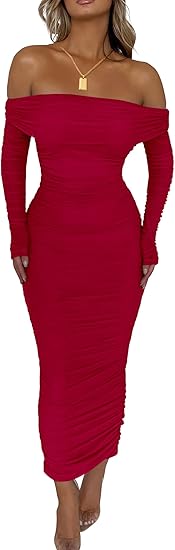 PRETTYGARDEN Women's Fall Off The Shoulder Maxi Dress Spring Long Sleeve Ruched Fitted Bodycon Club Dresses with Slit