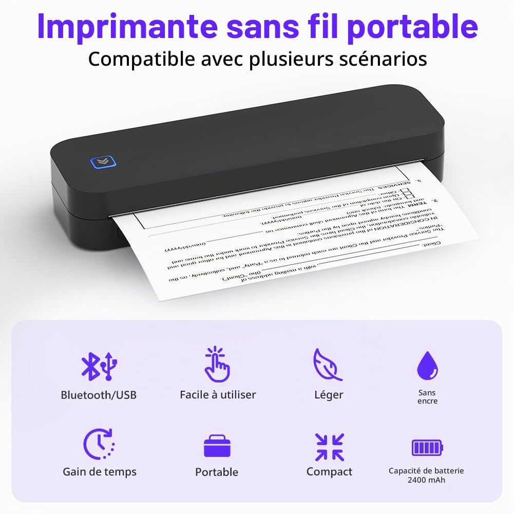 OFFCUP Imprimante Thermique A4, Imprimante Portable, Imprimante Tatouage, Imprimante sans Encre Bluetooth Compatible Android et iOS pour Bureau, Voyage, étude, Maison-Noir