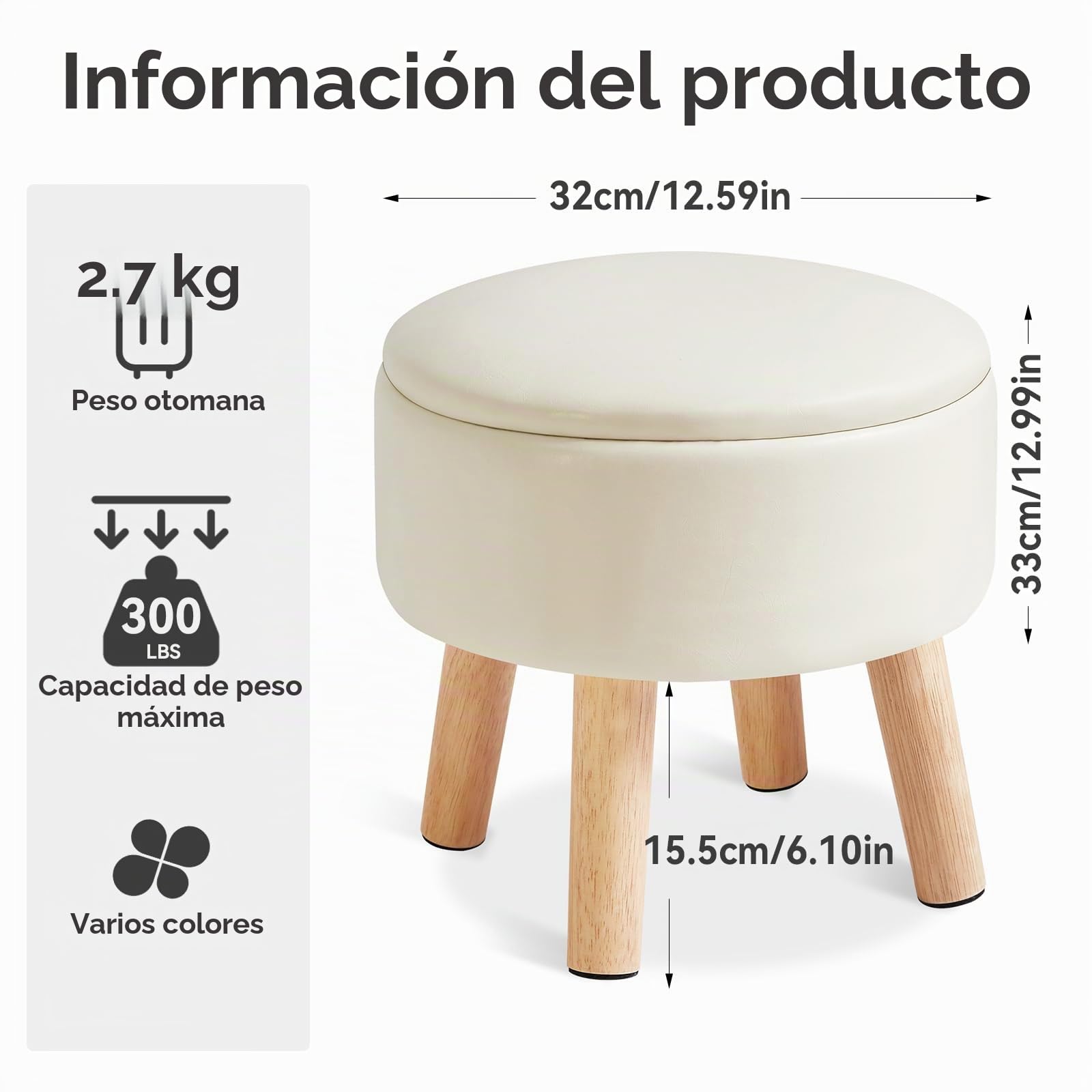 IBUYKE 13” Pequeño Reposapiés Otomana con Almacenamiento, Redondo Puf Reposapiés Taburete con Asiento Acolchado y la Tapa, PU Mini Reposapiés para Sala de Estar Sofá Entrada, Beige WBD023W