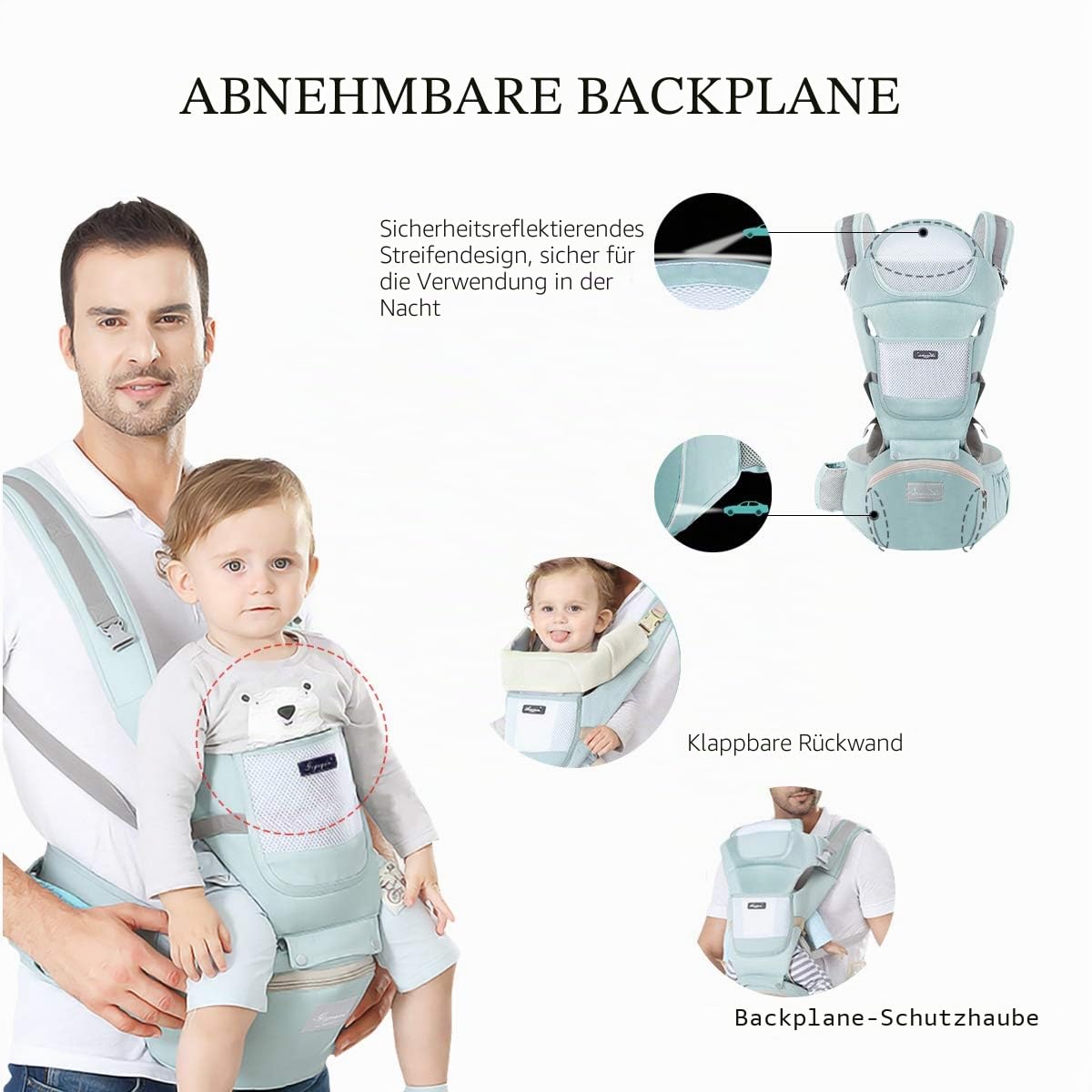 SONARIN Babytrage Ergonomisch mit Hüftsitz/reiner Baumwolle, Kopfstütze, Mehrfachpositionierung: Rücken, Bauch, einstellbar für Neugeborene und Kleinkinder 0 bis 36 Monate (bis zu 30 kg) Blau