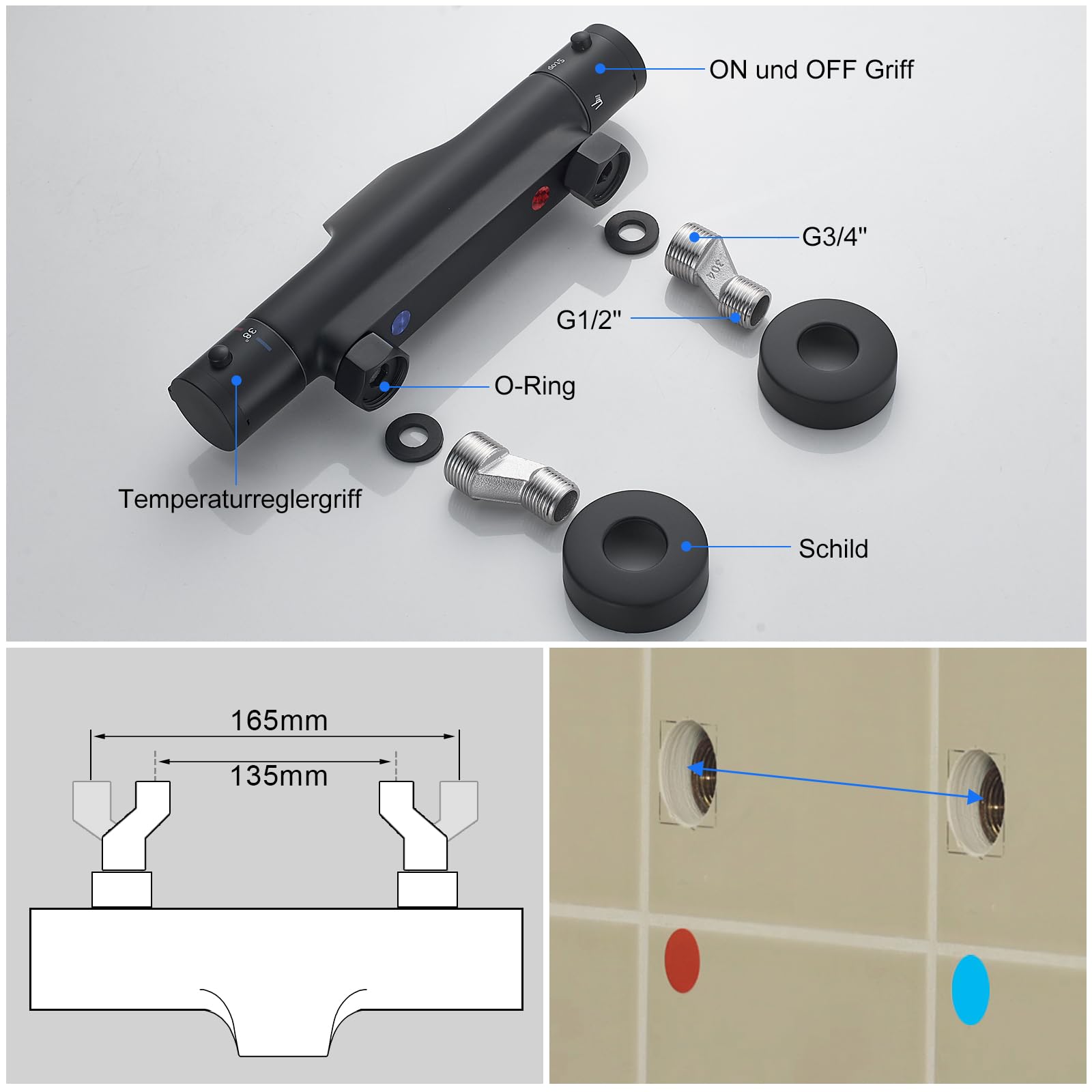 Duscharmatur Schwarz Thermostat KEOKBON Aufputz Duschthermostat mit 38 ° C Sicherheitssperre, Ventilkern Abnehmbar Thermostat Dusche Mischbatterie aus messing für Badewannenarmaturen