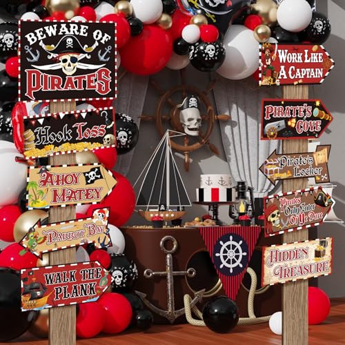 Image of Hooqict 20 Pieces Pirate Party Decorations Sign Beware of Pirates Party Directional Signs Pirate Themed Birthday Party Banner Supplies
