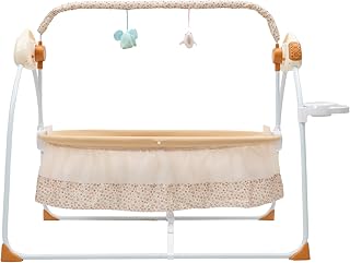 Eieblek Baby Crib Cradle, Automatic Intelligent Rocker Bed (5 Speeds), Multifunctional Foldable Baby Swing Cradle with Bluetooth,Controller, for 0-18 Months, Khaki
