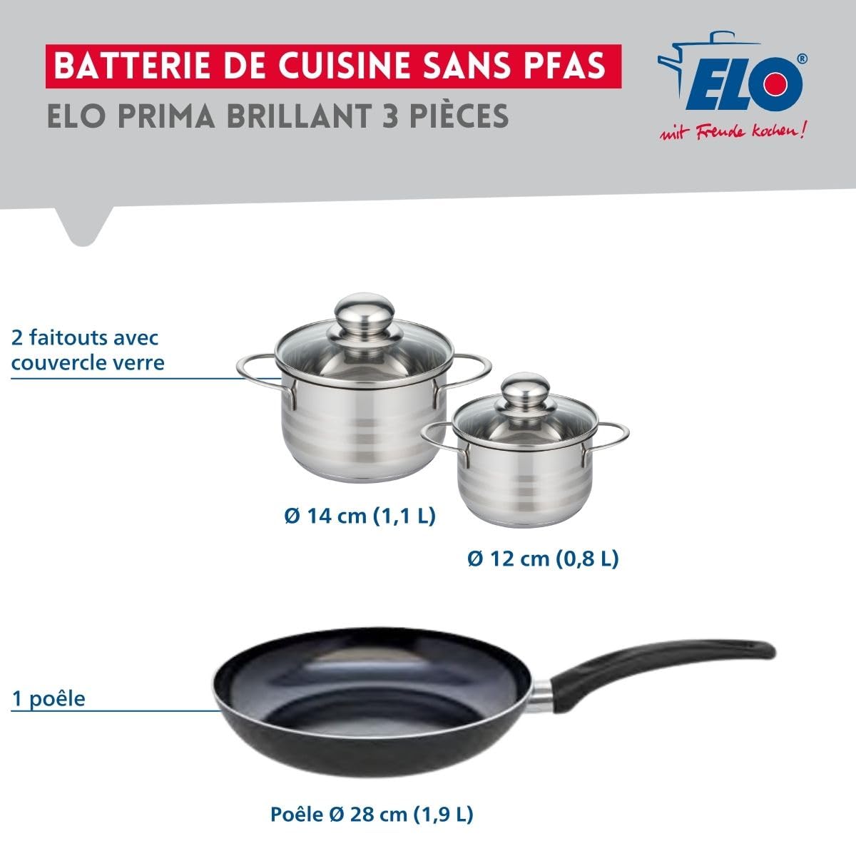 Elo Batterie cuisine poêle 28 cm et 2 faitouts 12/14 cm | Lot complet pour équiper la cuisine, Poêle 28 cm pour saisir, Aluminium léger, Faitouts 12 et 14 cm, Compatible induction