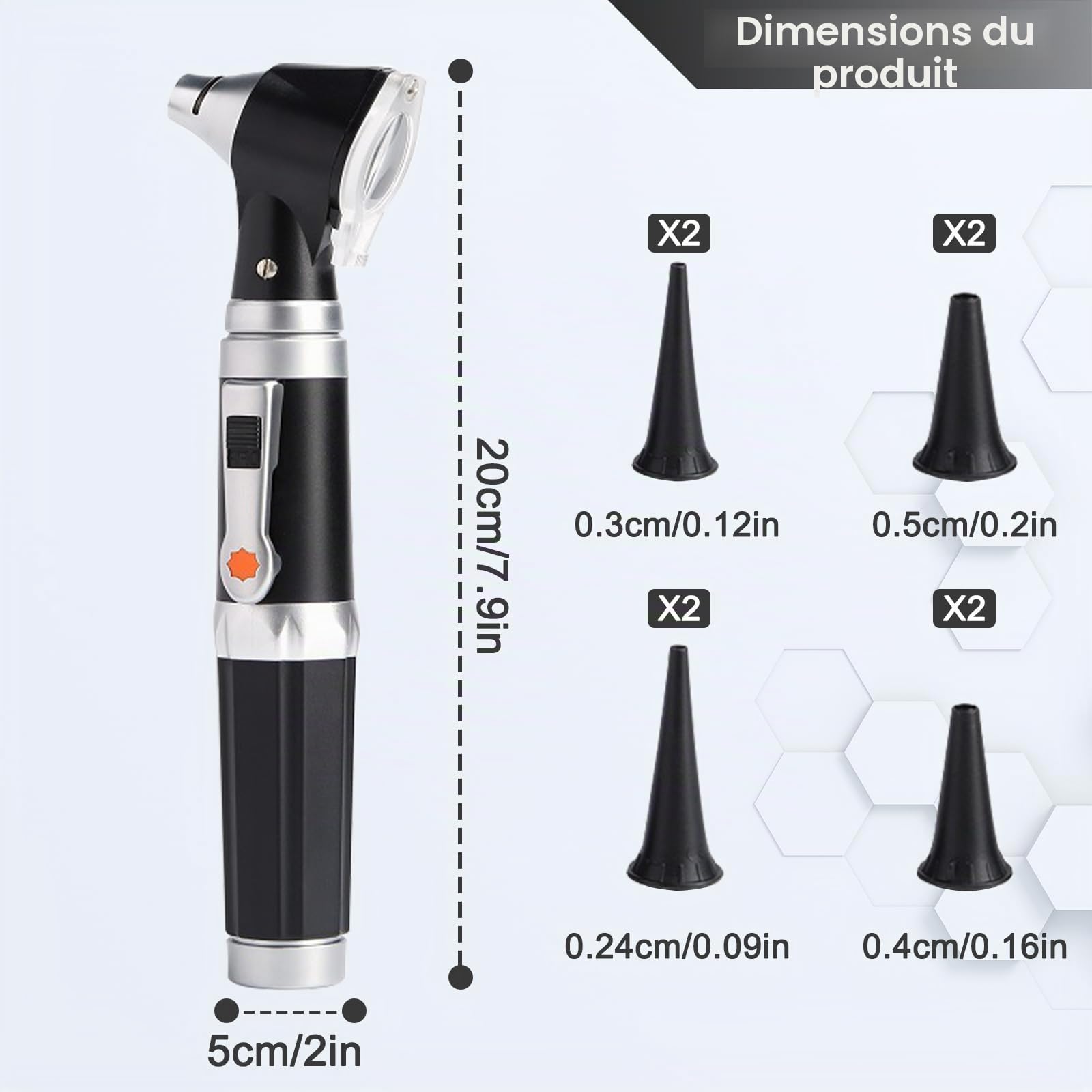 GOMETY Otoscope avec lumière, détecteur d'infection de l'oreille, grossissement 3x, 4 embouts spéculum, 8 bouchons d'oreille