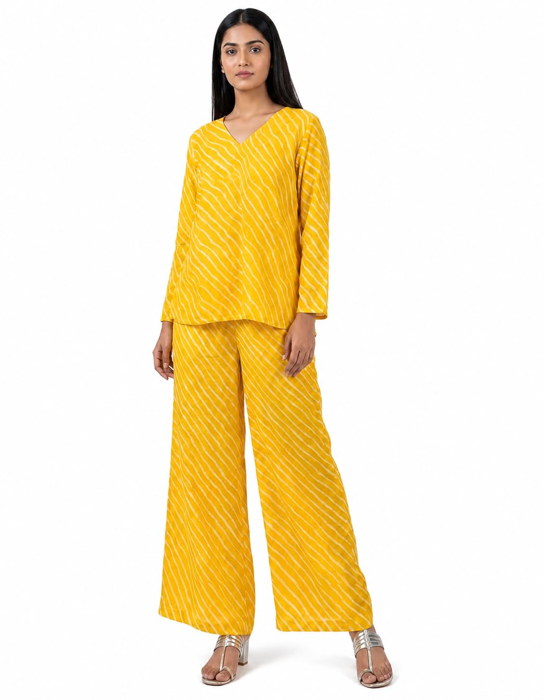 Women's Yellow cotton Leheriya Print Co-ord Set with Wide Leg Palazzo-image-30