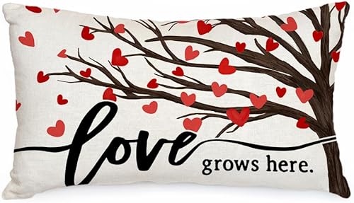 AACORS AA301-12 - Funda de almohada para el día de San Valentín, 12 x 20 pulgadas, diseño de corazones de árbol Love Grows Here Decor Holiday Home