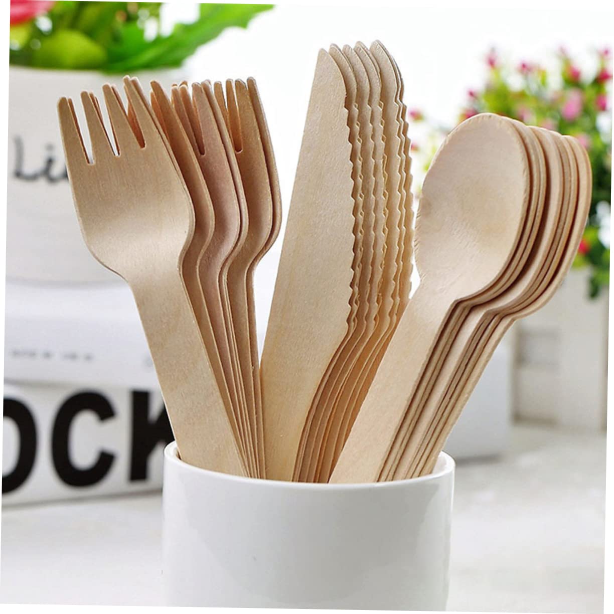 KICHOUSE 12Pcs Disposable Wooden Cutlery Set Forks Knives Spoons for Birthday Parties Family Gatherings Lightweight Tableware Safe and Portable